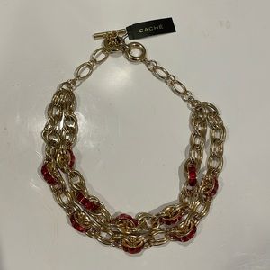 CACHE Gold Toned Large Linked Red Rhinestone Necklace (NWT)
